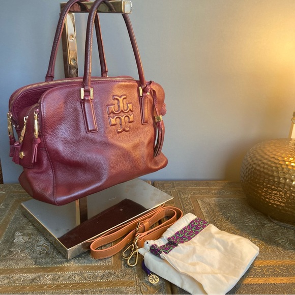 Tory Burch bag satchel leather handles spacious compartments burgundy red - Picture 2 of 16